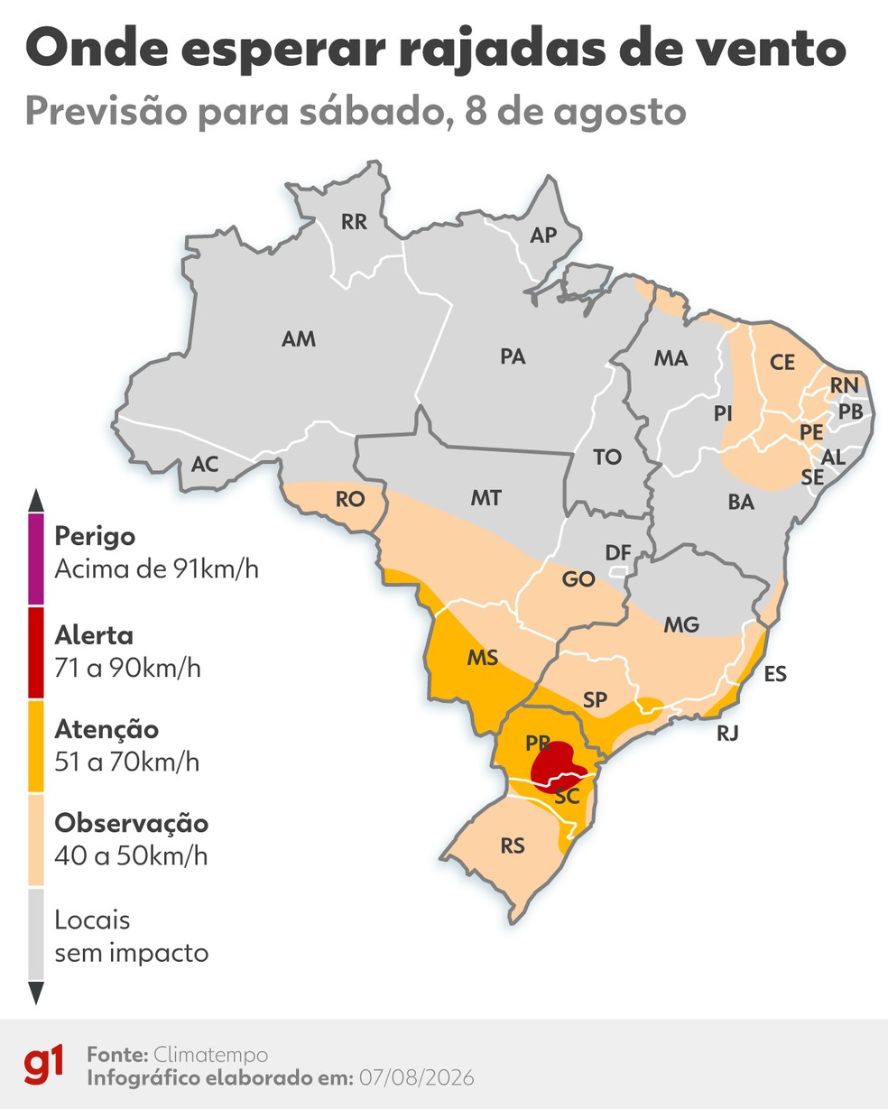 Onde esperar os fortes ventos no sábado. — Foto: Arte/g1
