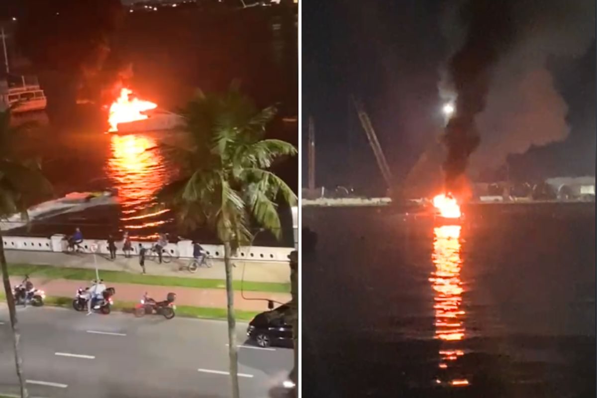 Lancha pega fogo no mar no litoral de SP
