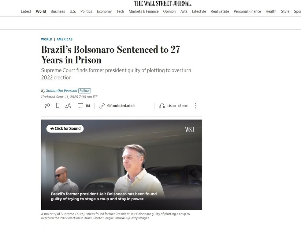 The Wall Street Jornal repercute a condenação de Bolsonaro. — Foto: Reprodução/ The Wall Street Jornal