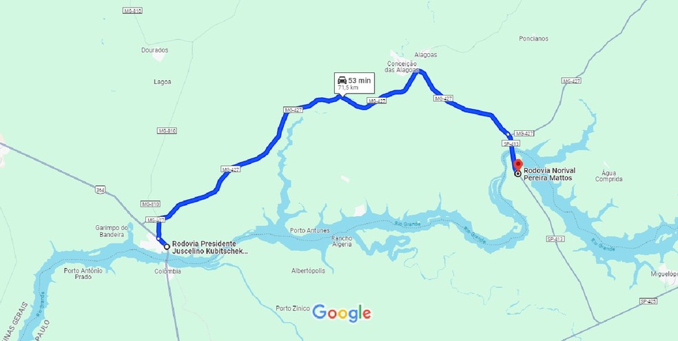 Trajeto de Frutal at&eacute; Miguel&oacute;polis pela MG-427 &mdash; Foto: Google Maps / Reprodu&ccedil;&atilde;o