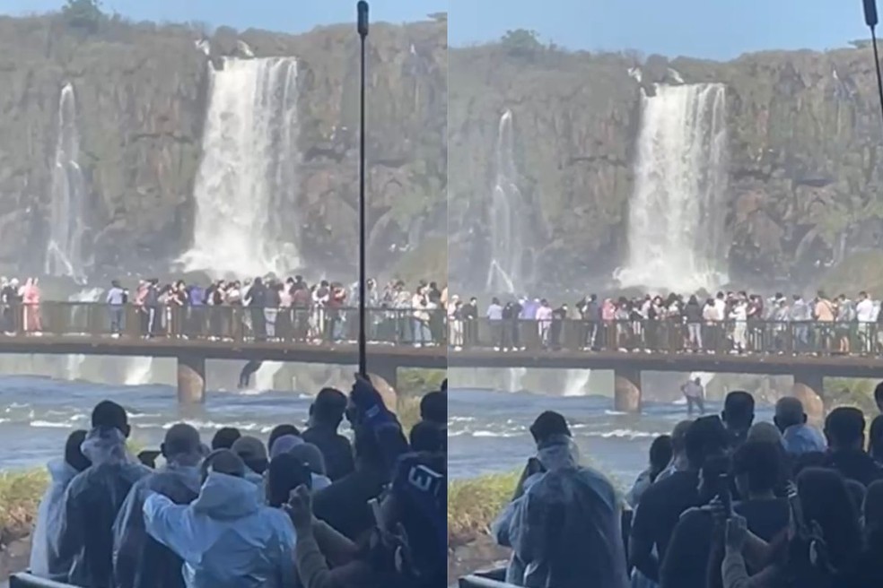 Turista pulo nas Cataratas do Iguaçu para pegar um celular. — Foto: Reprodução/Redes sociais