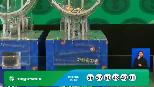Mega-Sena, concurso 2.883: resultado - Veja os números sorteados: 01 - 40 - 43 - 56 - 57 - 60. Prêmio é de R$ 2.862.283,80.