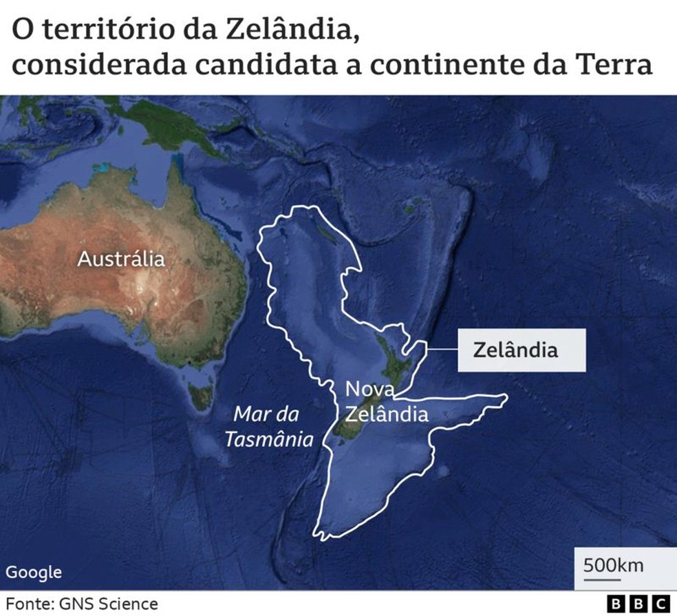 Mapa mostra possível território da Zelândia — Foto: Arte BBC / Fonte GNS Science