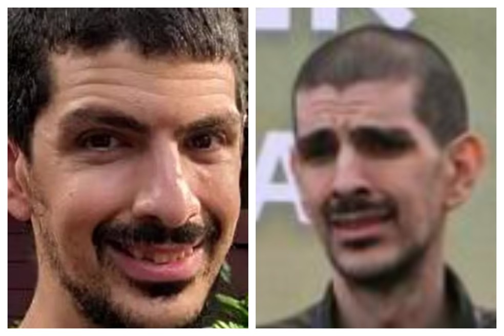 Israelense Or Levy, antes e depois de ser sequestrado pelo Hamas. — Foto: AP
