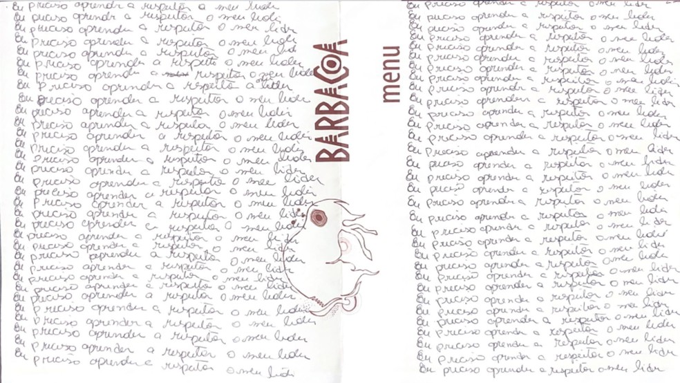 A polícia apreendeu folhas de papel com a frase “Eu preciso aprender a respeitar o meu líder” escrita mais de 100 vezes — Foto: Reprodução