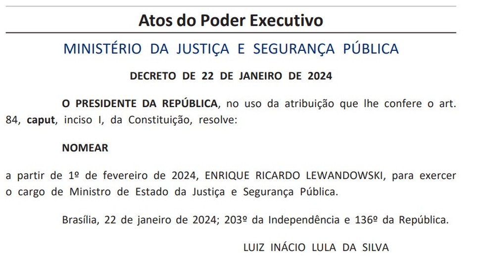 Nomeação de Lewandowski para assumir o Ministério da Justiça em 1º de fevereiro foi publicada no 'DOU' nesta segunda-feira (22) — Foto: Reprodução/'Diário Oficial da União'