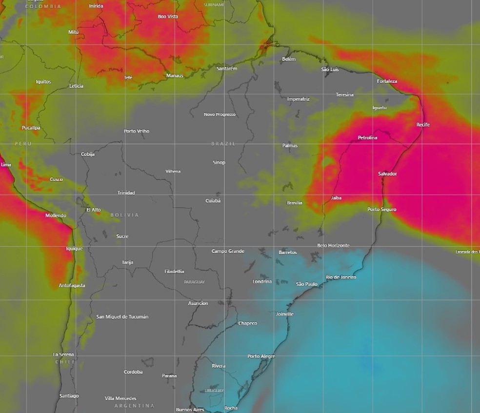 Imagem mostra em vermelho onda de calor saindo do Sudeste e Centro-Oeste, que é tomado por frente fria (em azul) — Foto: Reprodução/Windy