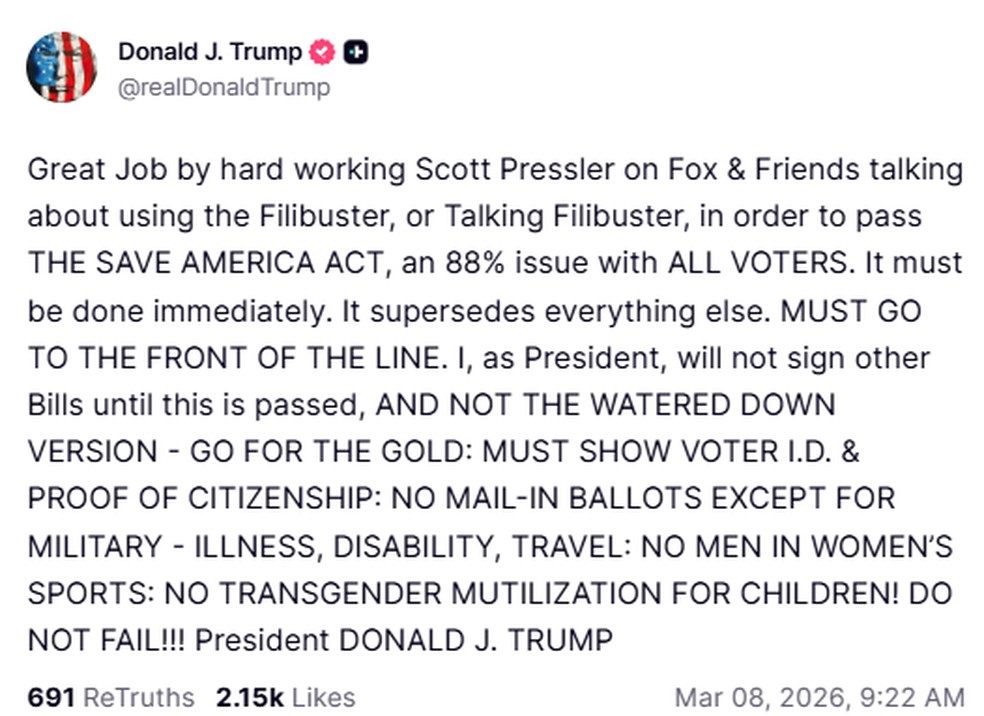 Presidente dos Estados Unidos, Donald Trump, em publicação no Truth Social — Foto: Reprodução/Truth Social