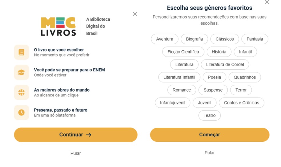 MEC Livros personaliza recomendações com base na preferência do usuário. — Foto: Reprodução.