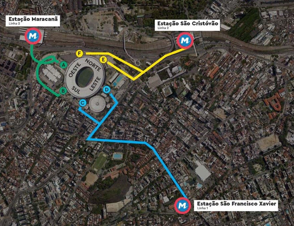 Esquema do metrô para a final da Libertadores: em azul, rota do Fluminense; em amarelo, rota do Boca Juniors; em verde, rota do setor misto — Foto: Reprodução