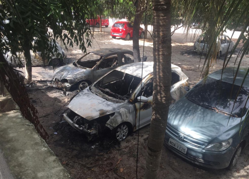 Carros atacados no Demutran de Horizonte — Foto: Reprodução/TV Verdes Mares
