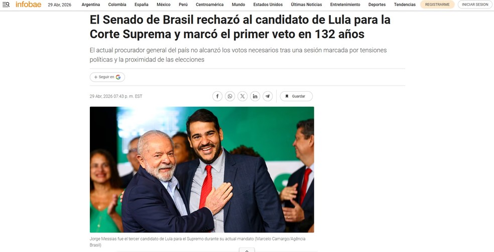 Infobae noticia revés de Lula com indicação ao STF — Foto: Reprodução