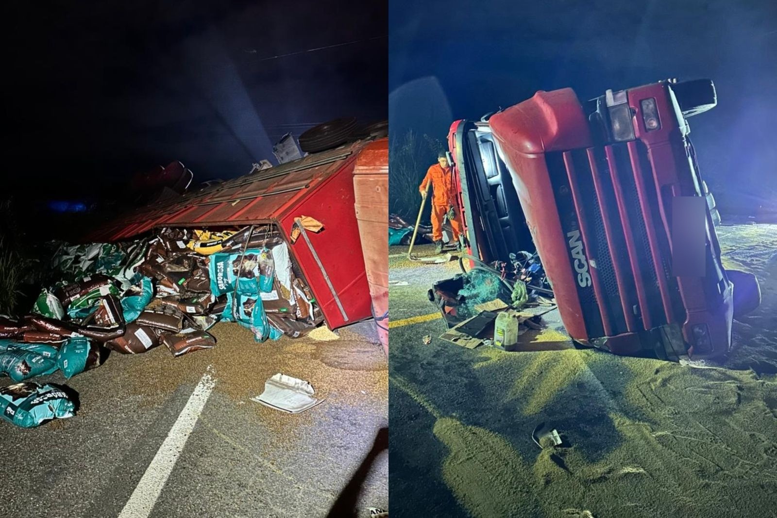 Caminhão carregado de ração tomba na BR-343, no Piauí; pista tinha óleo, dizem bombeiros