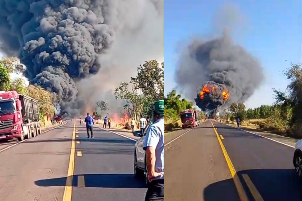 Acidente entre carretas deixa 4 mortes e causa explosão. — Foto: Reprodução