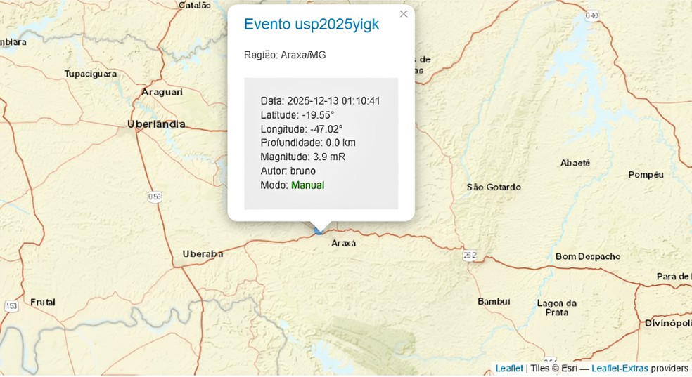 Tremor registrado na noite de sexta-feira (12), em Araxá — Foto: Reprodução/Centro de Sismologia USP
