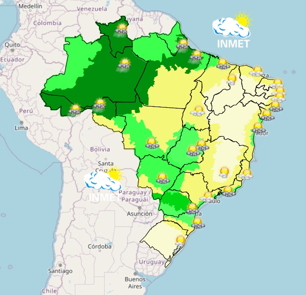 Mapa mostra previsão de chuva para esta terça (07) em todo o Brasil. — Foto: Inmet/Reprodução
