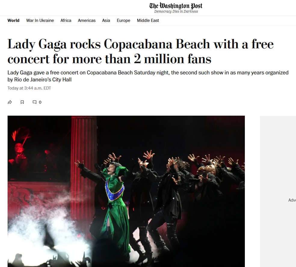 Lady Gaga agita a Praia de Copacabana com show gratuito para mais de 2 milhões de fãs — Foto: Reprodução/The Washington Post