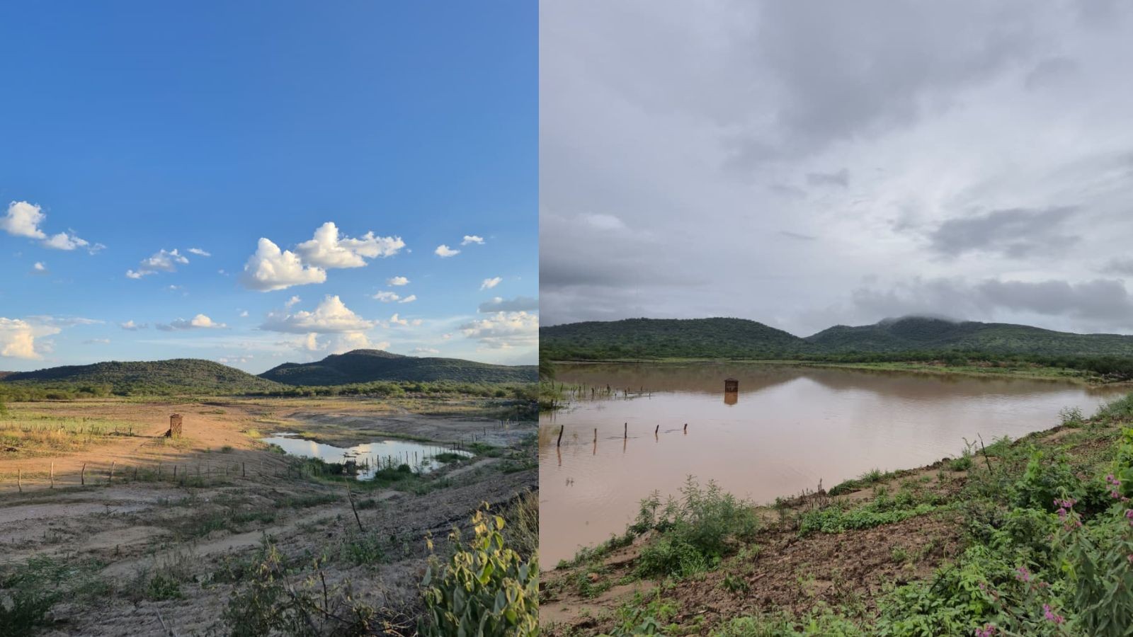 Veja antes e depois de barragem que passou 2 anos seca; féis fizeram procissão para agradecer cheia