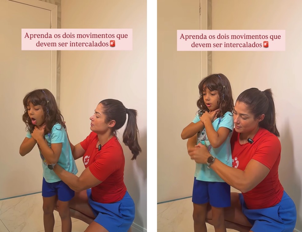 Capitã do Corpo de Bombeiros mostra os movimentos intercalados recomendados na nova manobra. — Foto: Reprodução