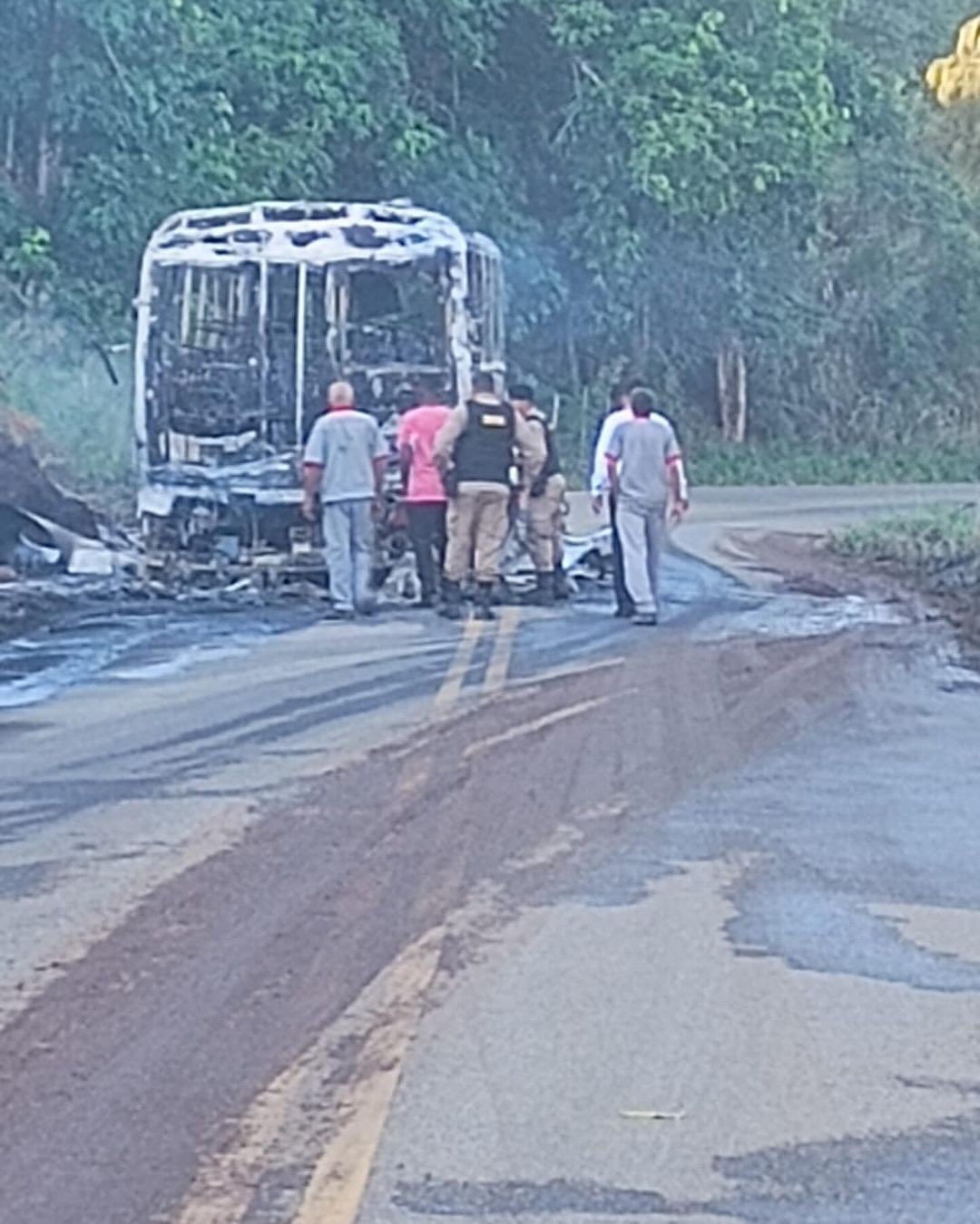 Nuvem de fumaça e muitas chamas: ônibus fica totalmente destruído após pegar fogo na MG-285; VEJA VÍDEO