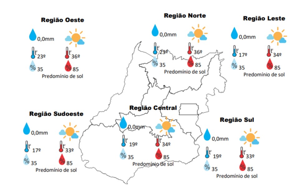 Previsão do tempo para as regiões de Goiás no sábado, 27 de abril de 2024, segundo o Cimehgo — Foto: Reprodução/Cimehgo