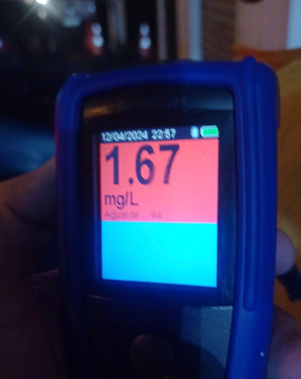 Bafômetro da polícia do RN registrou concentração de 1,67 mg de álcool por litro expelido, em motorista embriagado — Foto: Cedida