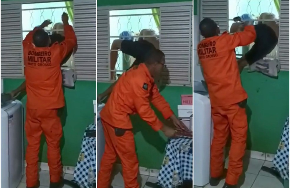 Morador preso em janela é resgatado por bombeiros em MT — Foto: Corpo de Bombeiros MT
