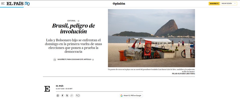 O editorial do El País destacou que as eleições marcadas para domingo devem deinifir o destino da segurança institucional do Brasil e da estabilidade da democracia nacional — Foto: Reprodução: El País