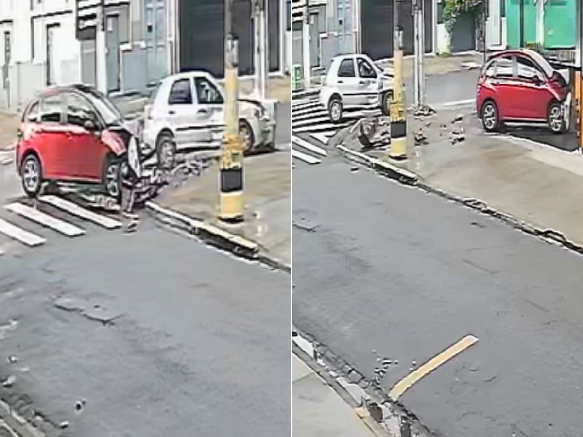Carro invade loja após batida em cruzamento no litoral de SP; VEJA