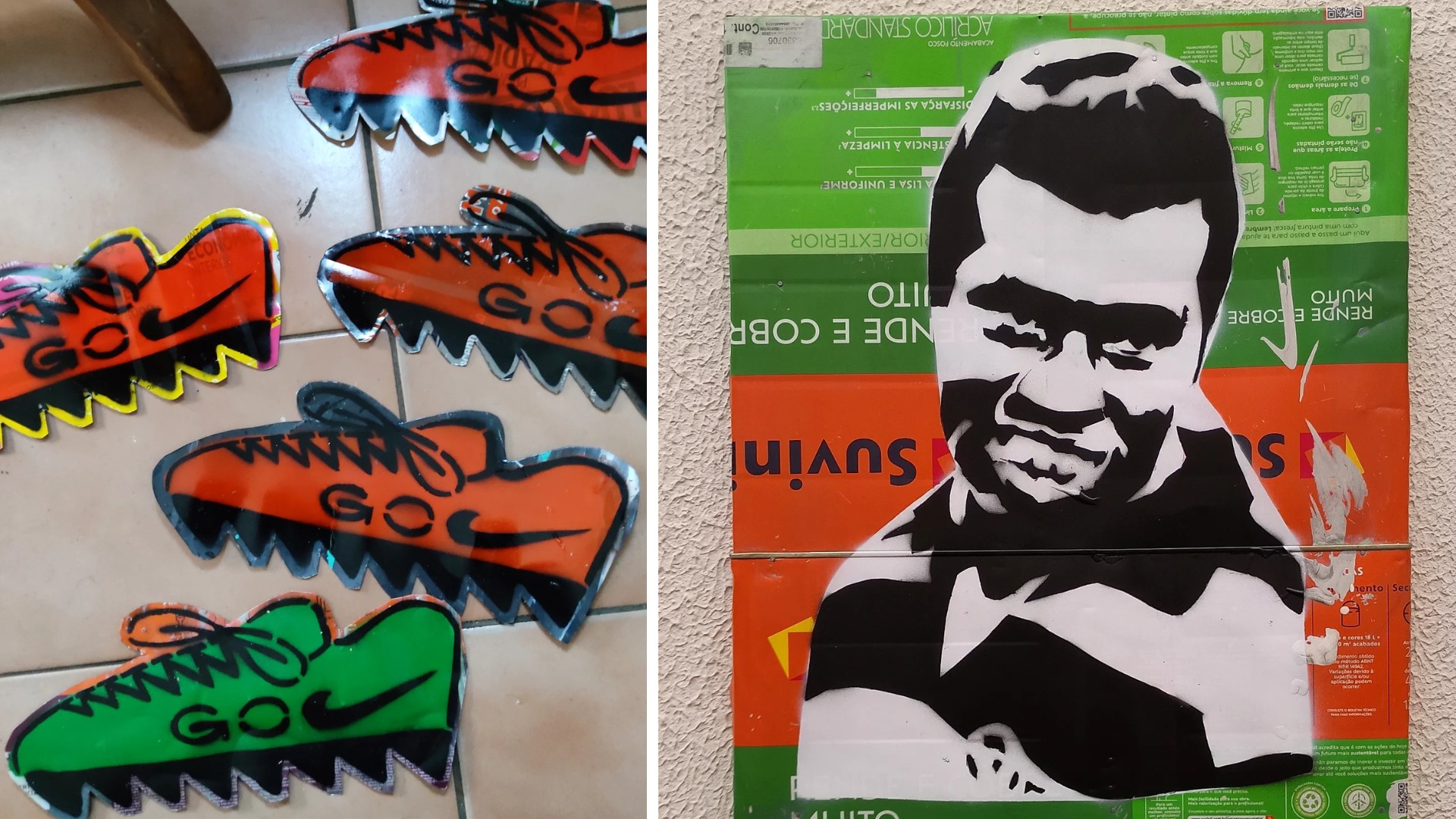 Dribles em chapas metálicas e gols em telhas de zinco: artista sorocabano transforma momentos do futebol em grafites — Foto: Reprodução/golgraffiti