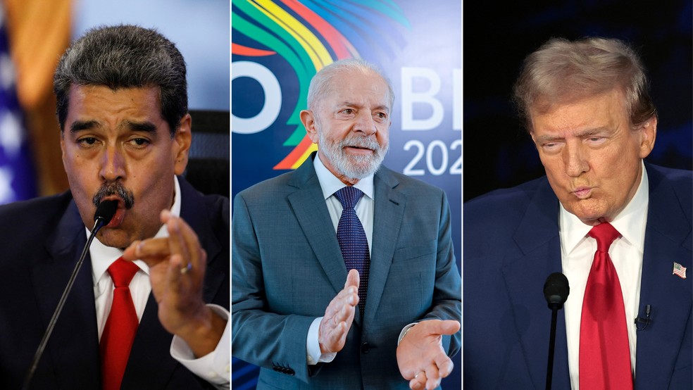 Montagem com as fotos de Nicolás Maduro (à esquerda), Lula (ao centro) e Donald Trump (à direita) — Foto: Leonardo Fernandez Viloria/Reuters (Maduro), Ricardo Stuckert/Presidência da República (Lula) e Win Mcnamee/Getty Images via AFP (Trump)