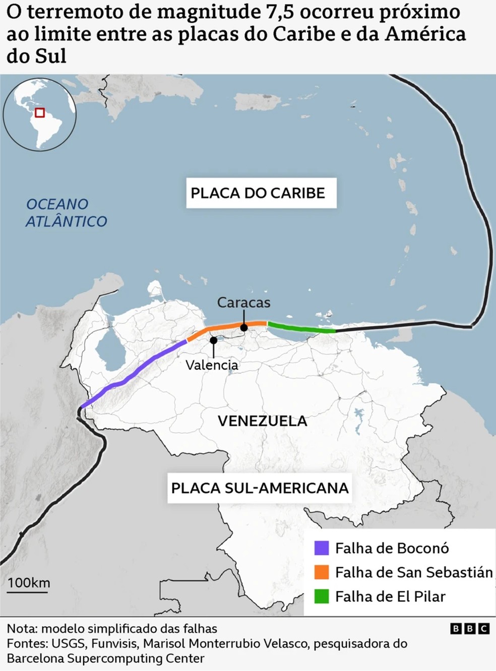 Mapa da BBC projeta placas tectônicas do Caribe e da América do Sul sobre a Venezuela. — Foto: BBC