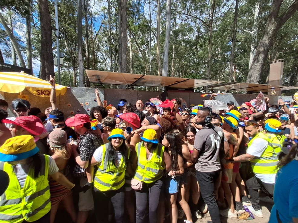 Foliões ficam prensadas contra tapumes no trajeto do Bloco da Pabllo. — Foto: Leonardo Zvarick/g1