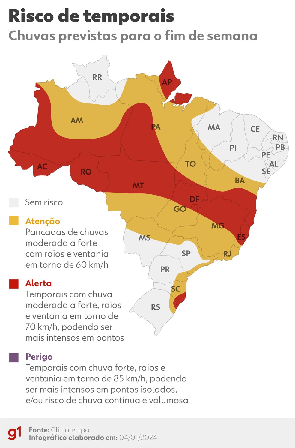 Ainda há risco de temporais para algumas regiões ao longo do fim de semana. — Foto: Luisa Rivas/Arte g1