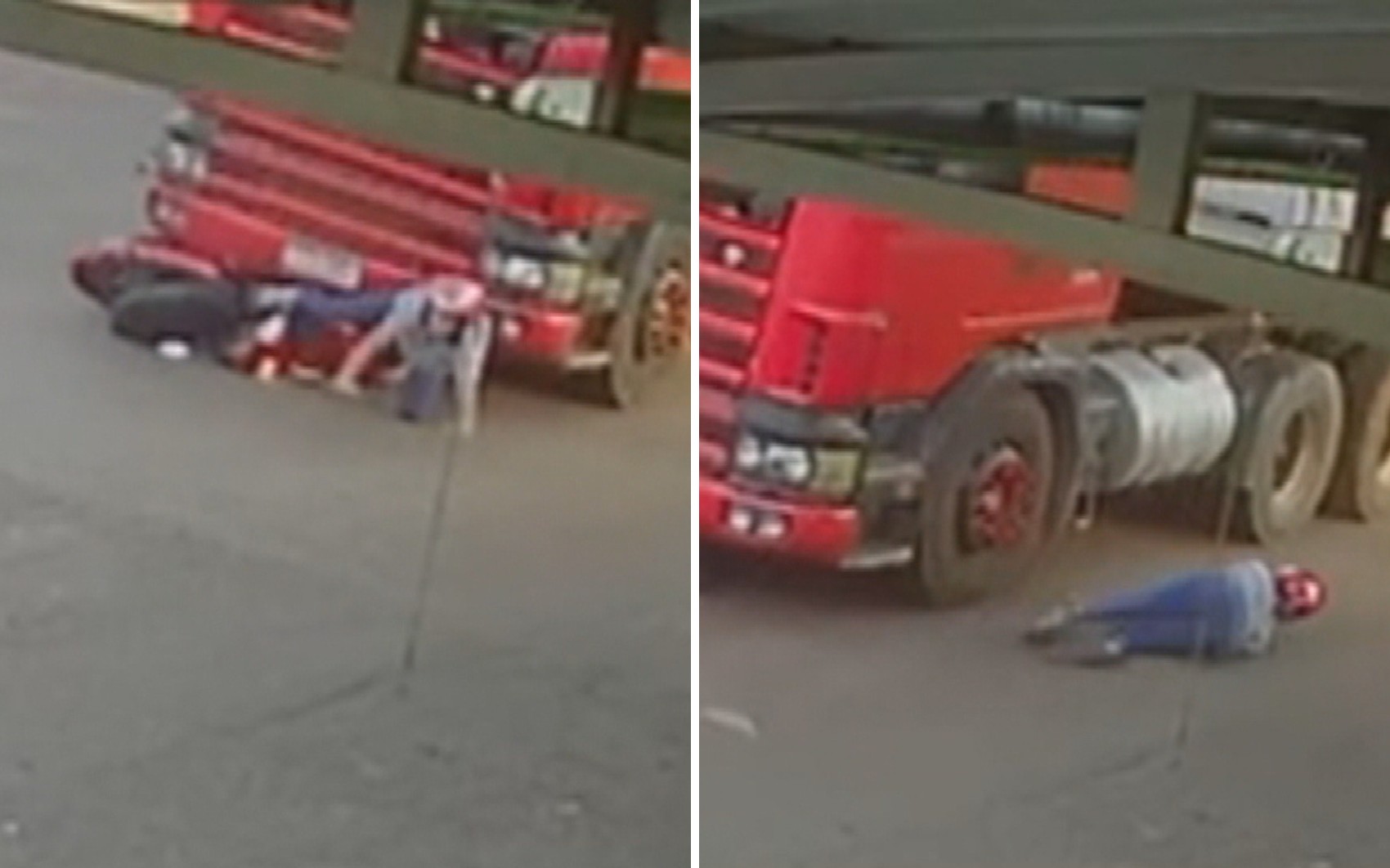 Jovem é atingida por caminhão e escapa ilesa; vídeo impressionante