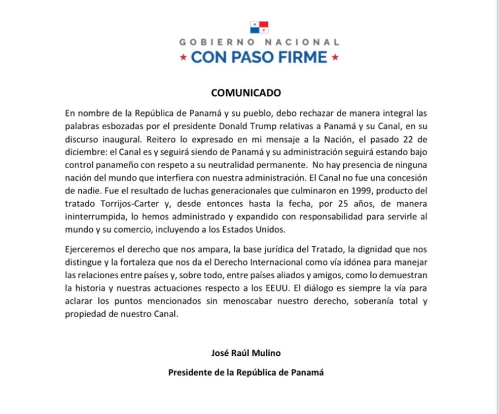 Presidente do Panamá divulga carta rejeitando discurso de Trump, que disse que vai 'tomar o Canal do Panamá' — Foto: Divulgação