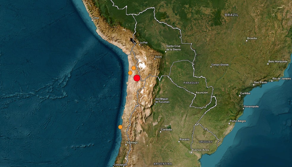 Círculo vermelho indica local onde houve terremoto no Chile, em 25 de maio de 2026 — Foto: USGS