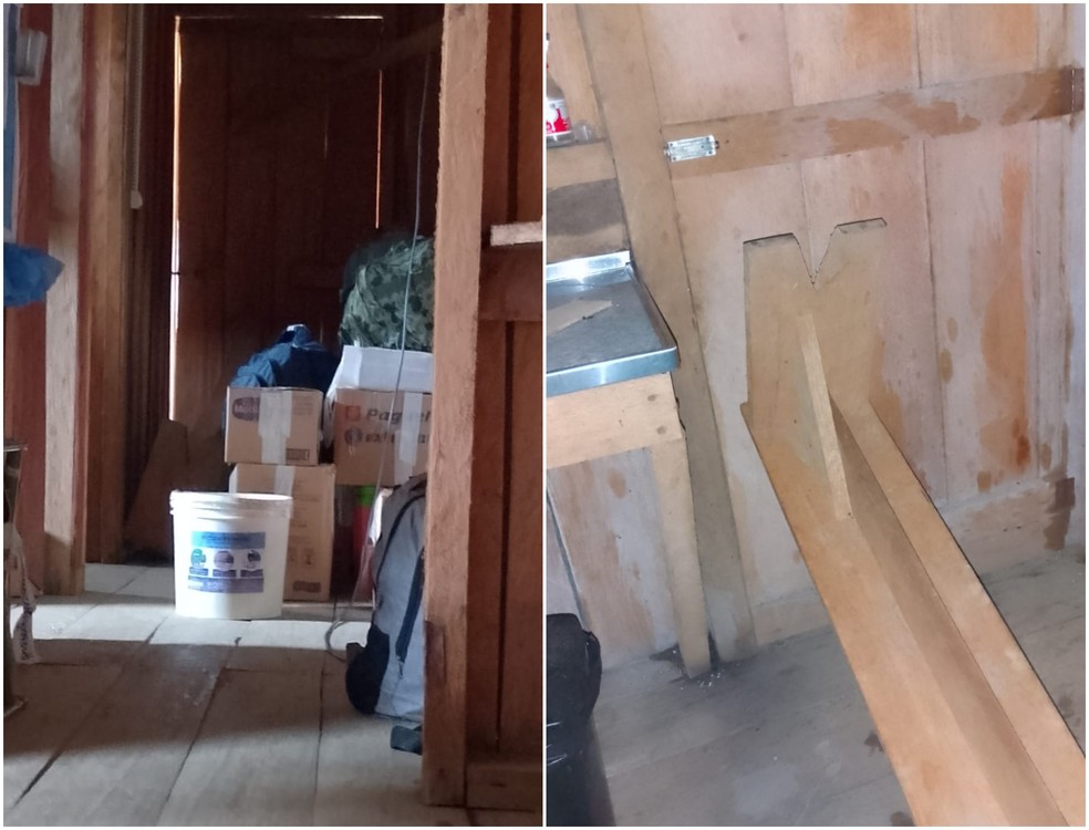 Profissionais de saúde colocaram banco e outros materiais para reforçar porta fechada — Foto: Sindicato dos Trabalhadores da Saúde/Divulgação