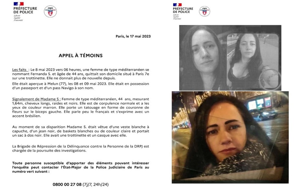 Polícia de Paris emitiu um comunicado para que testemunhas forneçam informações sobre brasileira desaparecida — Foto: Polícia de Paris/Divulgação