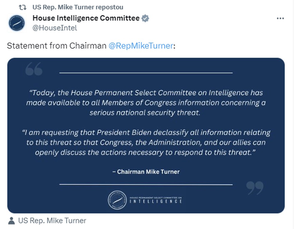 Tweet do comitê de inteligência da Câmara dos Deputados dos EUA com comunicado do deputado Mike Turner. — Foto: Reprodução/redes sociais
