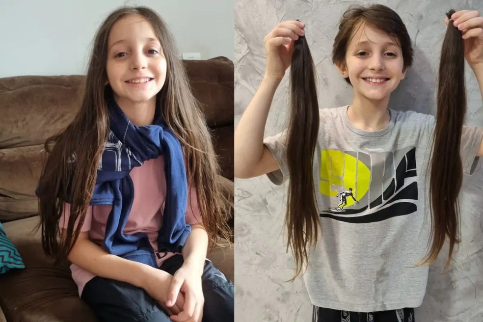 Heitor antes e depois de cortar o cabelo — Foto: Arquivo pessoal