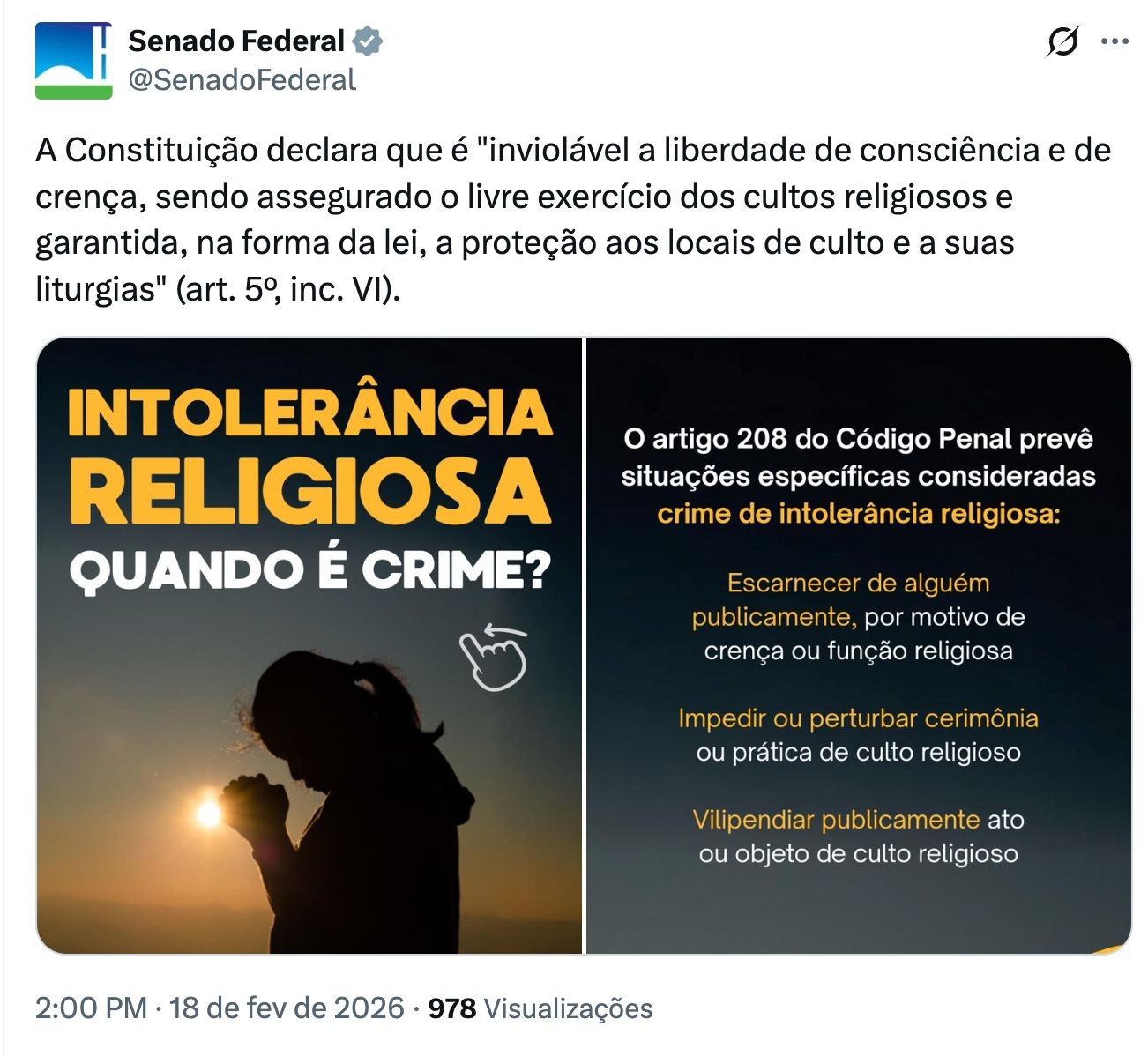 Em meio à crise da lata, Senado faz post sobre o que é intolerância religiosa