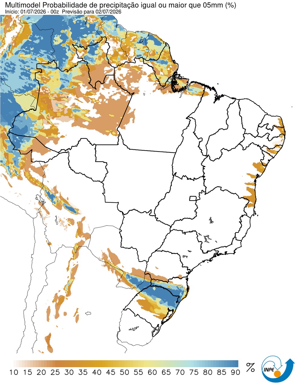 Previsão de chuva nesta quinta em todo o país. — Foto: CPTEC/Inpe