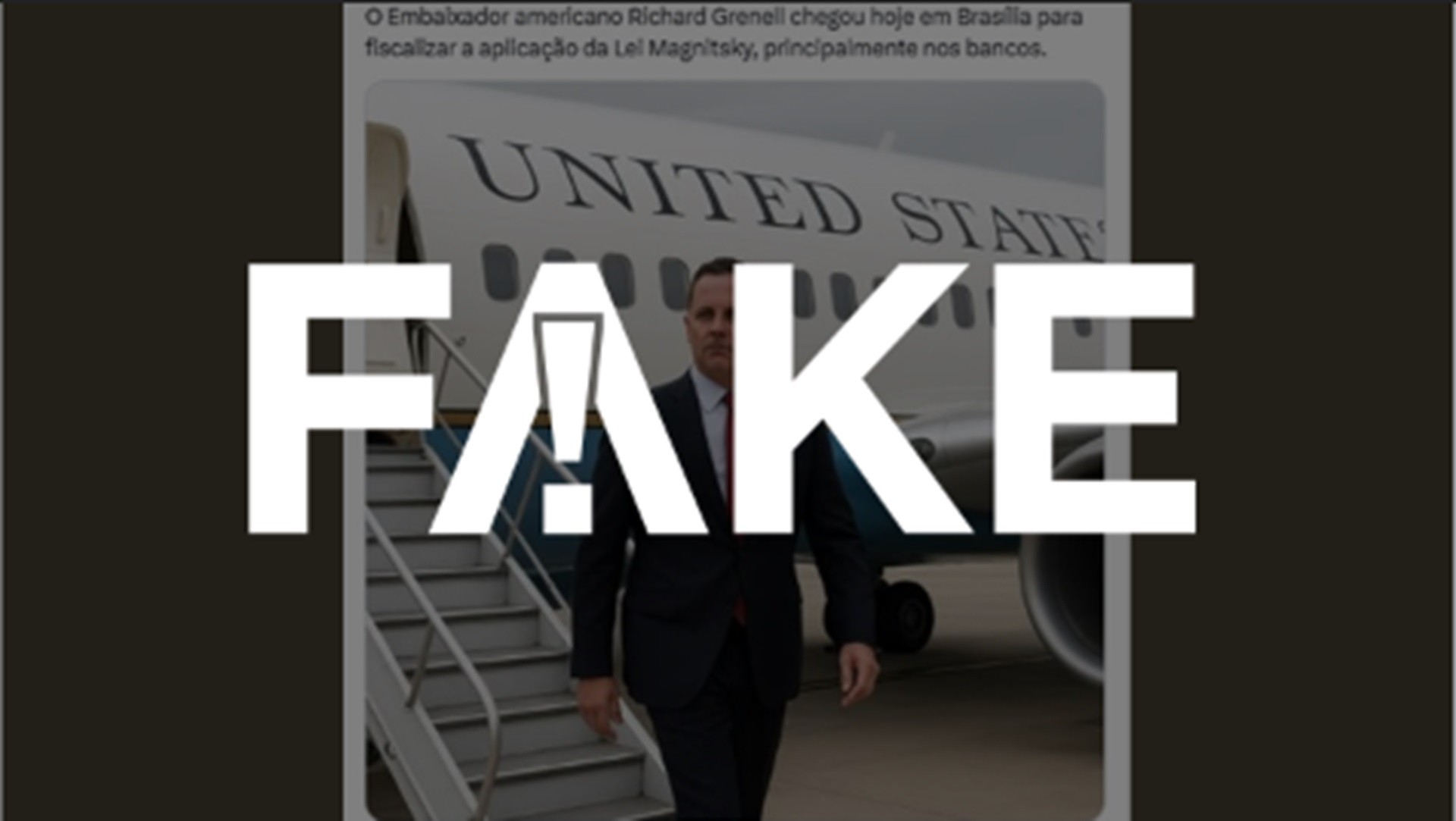 É #FAKE que embaixador americano desembarcou no Brasil para fiscalizar aplicação da Lei Magnitsky; foto foi criada com IA