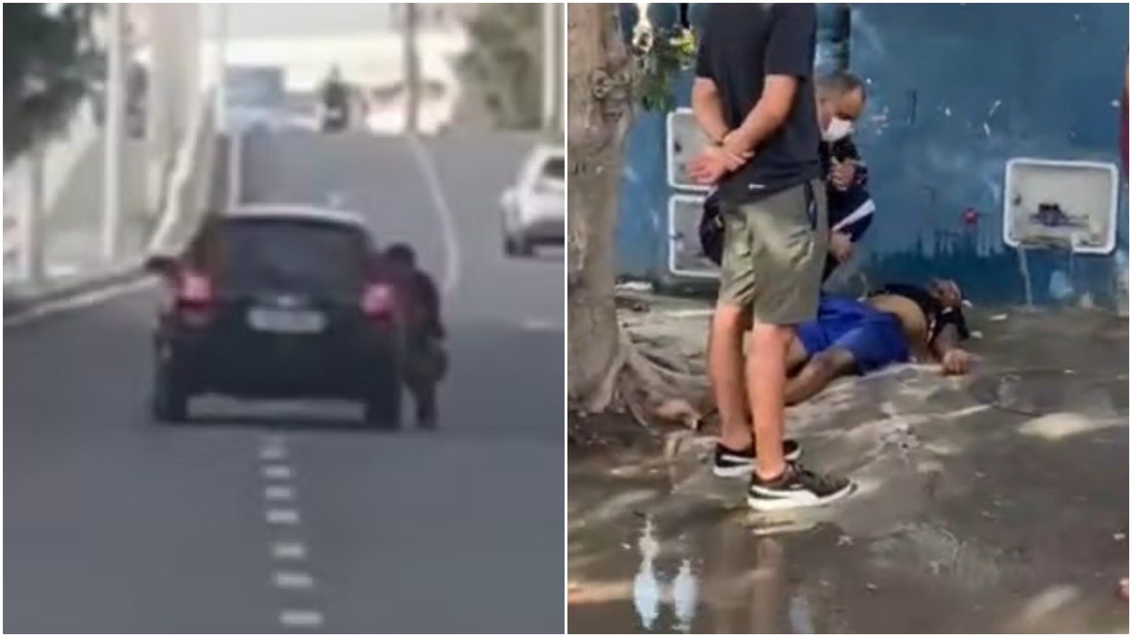 Assaltante arrastado por ruas preso a porta de carro usava arma falsa e se feriu após colisão 