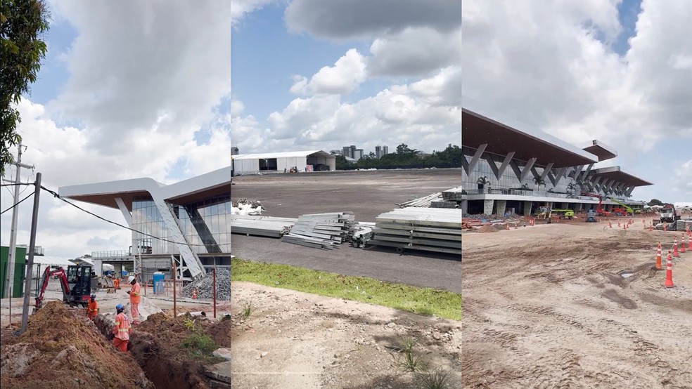 Obras da Blue Zone, espaço onde acontecerão os principais encontros da COP30. — Foto: Roberto Peixoto/g1