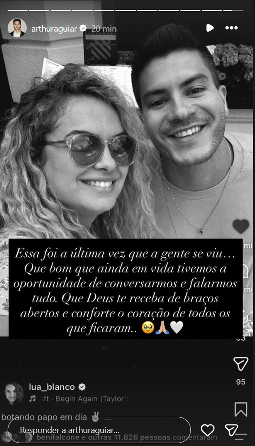 Arthur Aguiar lamentou a morte de Lua Blanco — Foto: Instagram/Reprodução