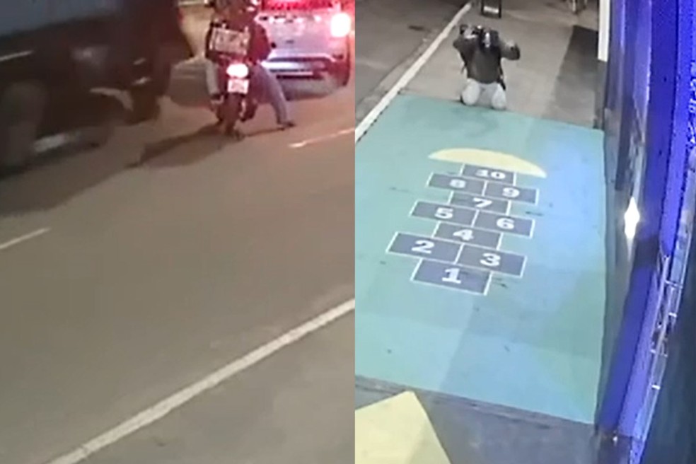 Motociclista saiu ileso em acidente com caminhão desgovernado. — Foto: Câmeras de segurança/Reprodução
