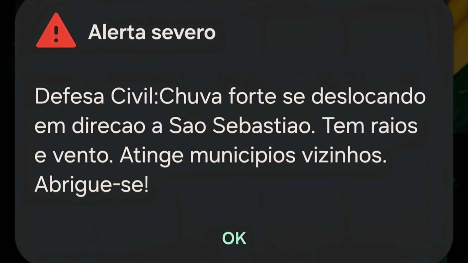 Defesa Civil envia alerta de chuva forte, com possibilidade de raios e ventos, para São Sebastião