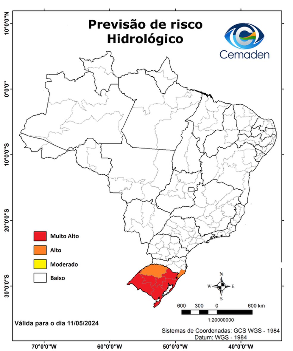 Possibilidade de ocorrência de eventos hidrológicos em ao menos um município das mesorregiões indicadas. — Foto: Cemaden